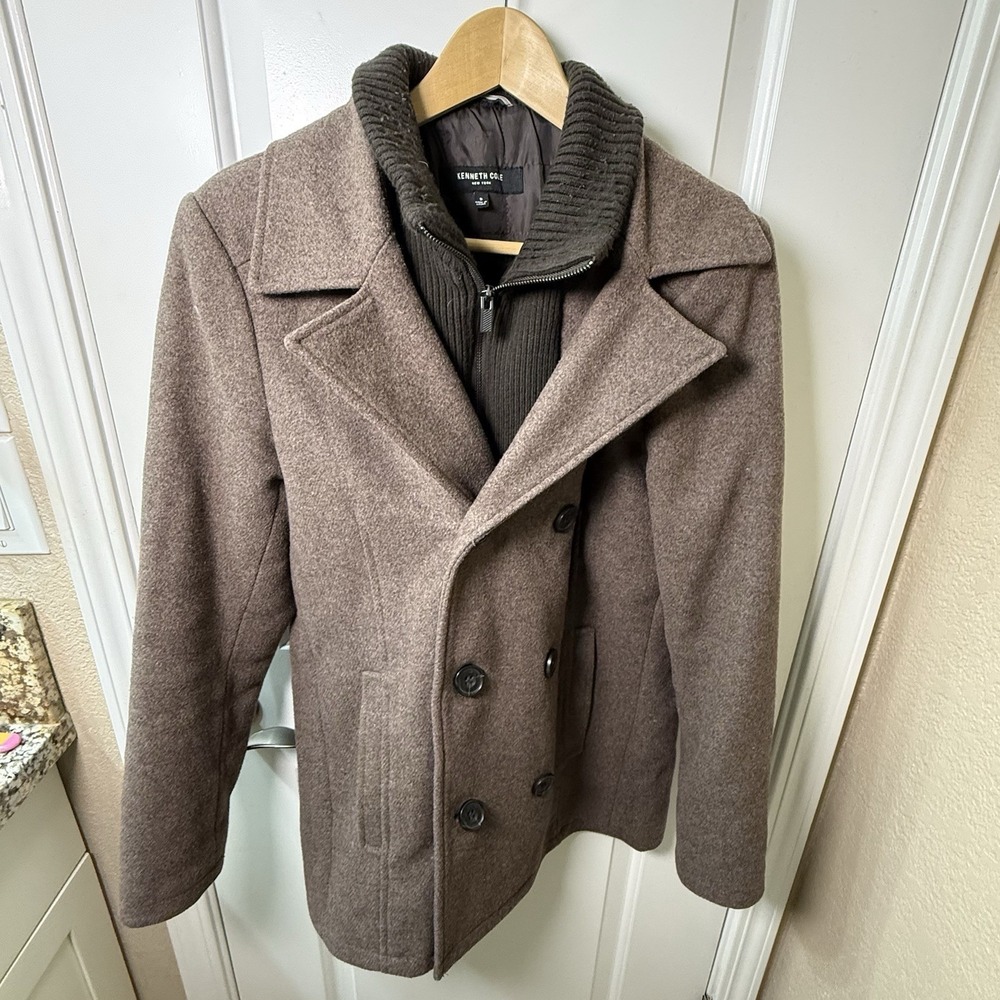 Kenneth Cole New York Mens Peacoat Jacket Small Brown Wool Blend Zip Lined
